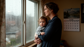 Parent and child looking out a window with a calendar on the wall, waiting