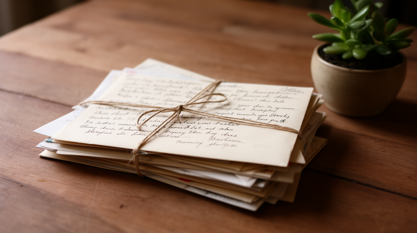 Stack of handwritten letters and envelopes on a wooden table