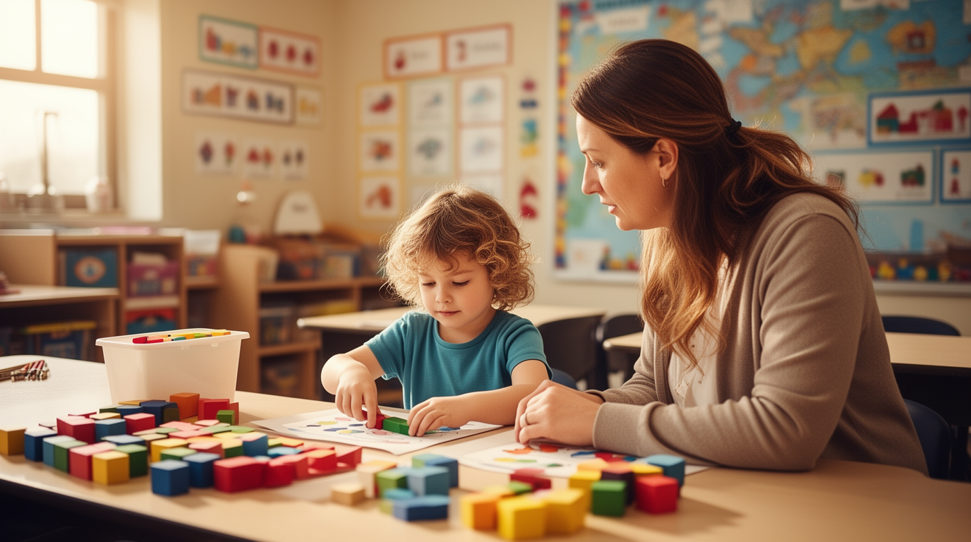 Young child doing a learning activity with a caring teacher in a bright classroom