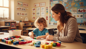 Young child doing a learning activity with a caring teacher in a bright classroom