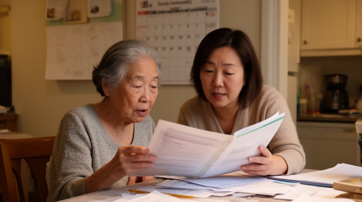 Elderly mother and adult daughter reviewing immigration paperwork at a kitchen table