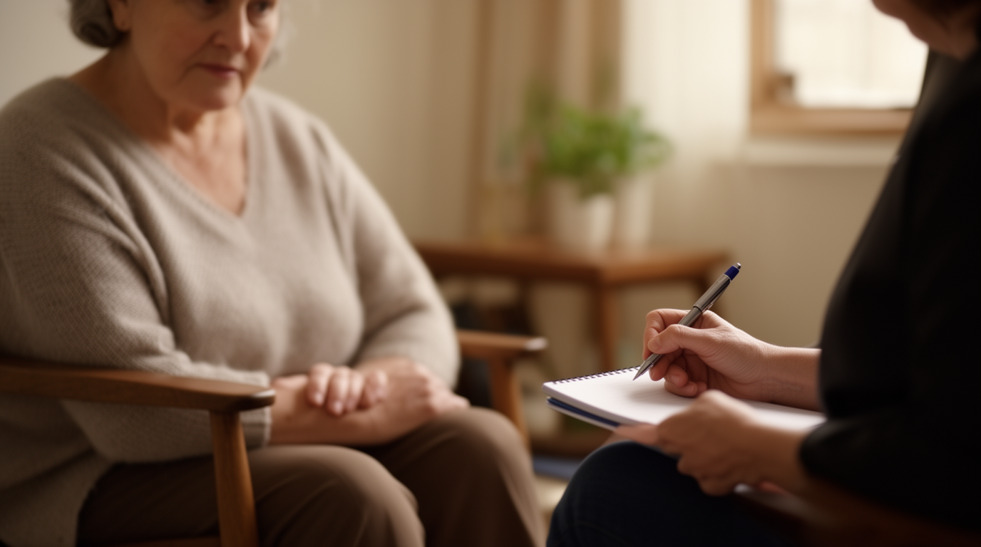 Psychologist taking notes during a session with an older woman