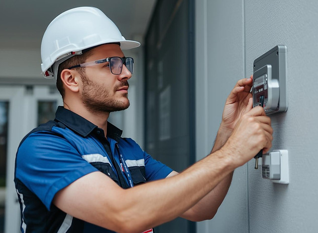 Profissional de segurança eletrônica instalado um sistema de alarme na entrada de um condo
