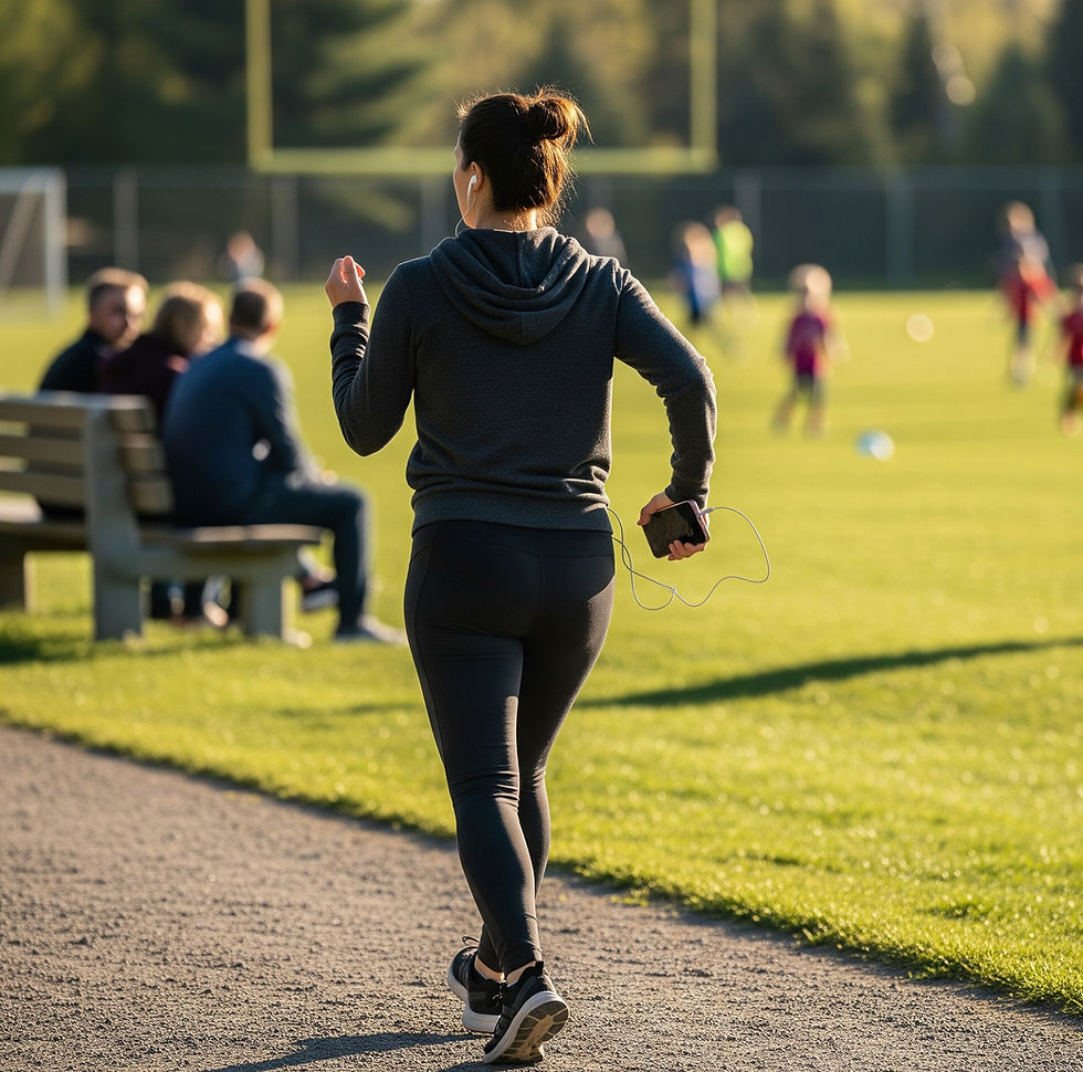 Woman walking on a track while kids play soccer in the background, fitting in movement during sports practice.