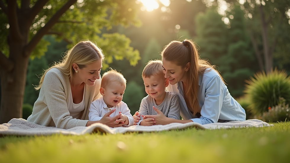 Eye-level view of a family gathered in a serene garden setting