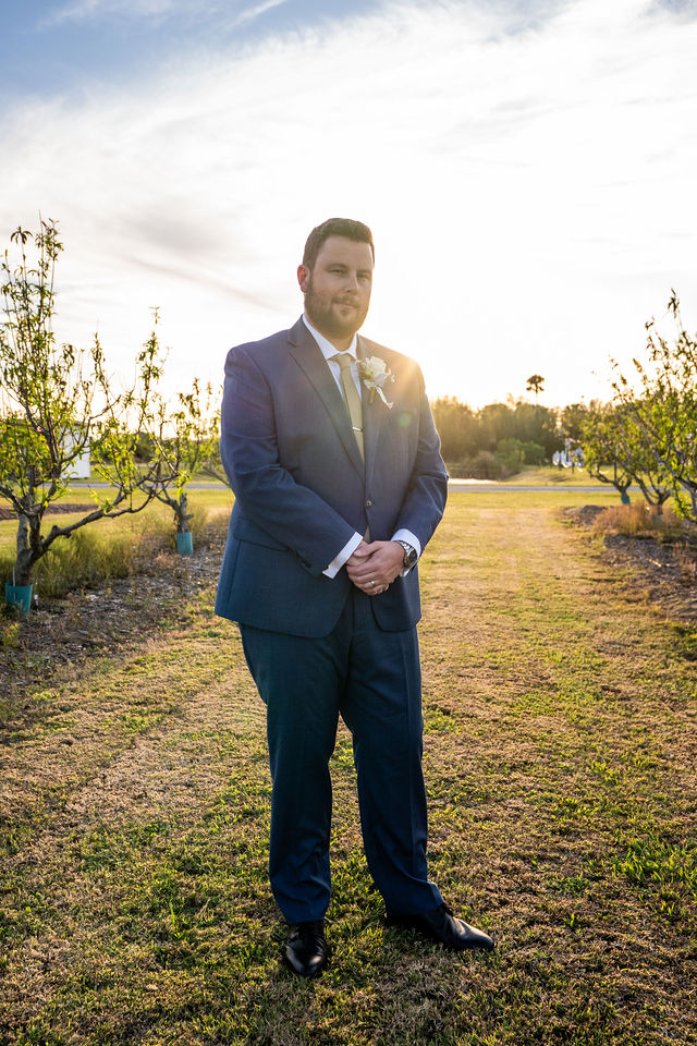 Groom in a blue suit standing among vineyard rows at sunset