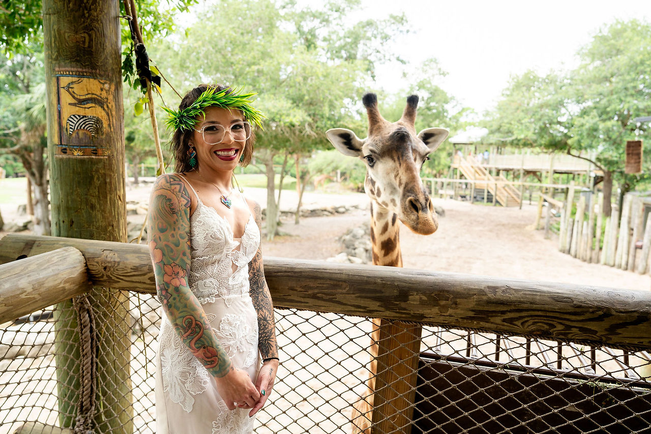 Bride next to a giraffe at Brevard County Zoo | Pixel Groves Photography