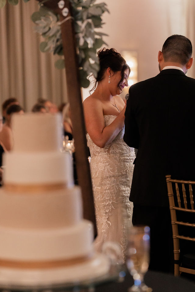 Bride and groom framed behind their wedding cake at the reception