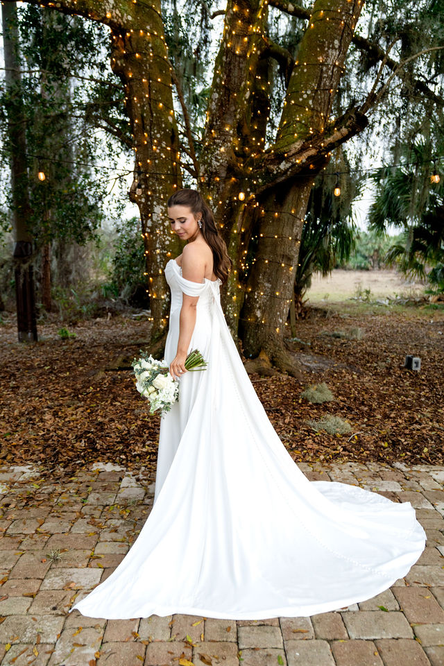 Bride posing with a flowing dress train beneath a tree wrapped in lights