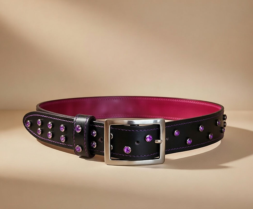 Florentine vegetable tanned leather belt - black outside and imperial burgundy inside studded with purple rhinestones.