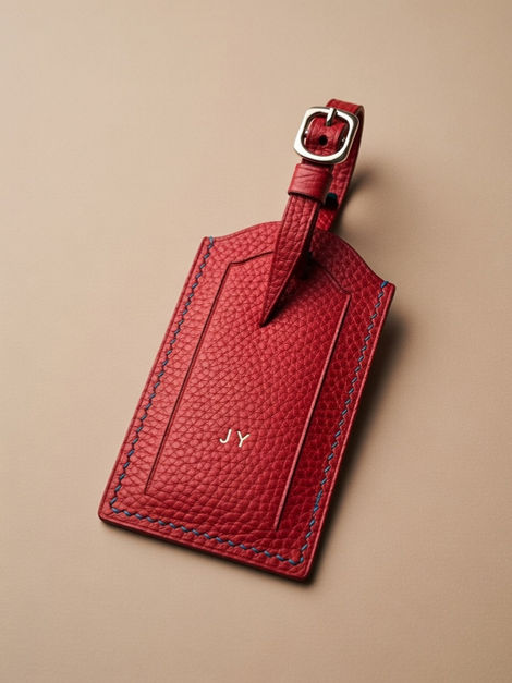 Red, pebble grained, Florentine vegetable tanned leather bag tag with matching strap and stainless steel buckle