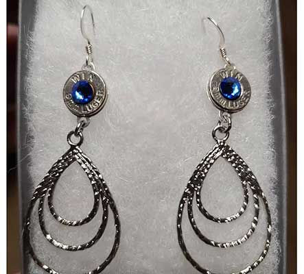Triple tier dangle winchester bullet earrings with custom crystals for Mother's Day jewelry gift under $50