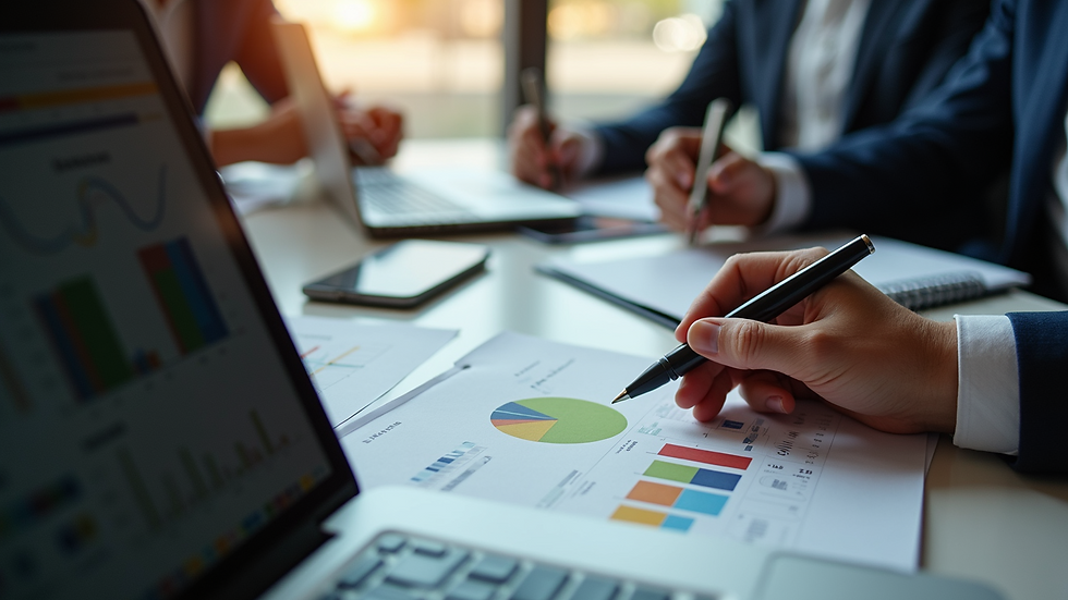 High angle view of a business meeting with charts and laptops