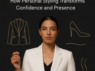The design features a confident, stylish woman in a tailored outfit standing against a minimalist background in shades of black, white, and gold. Elegant serif typography highlights the blog title, with visual accents that reflect sophistication and personal branding.
