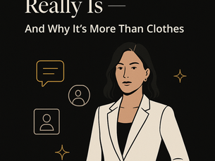A blog cover image with a sleek black background and the title “Here’s What Personal Branding Really Is — And Why It’s More Than Clothes” written in elegant off-white serif and sans-serif fonts. Below the text stands a confident woman with medium skin tone, long black hair, and a serious expression, wearing a white blazer and black top. Surrounding her are minimalist gold-outlined icons representing communication, identity, and branding. The overall design is refined and modern, reflecting a high-end, personal branding aesthetic.