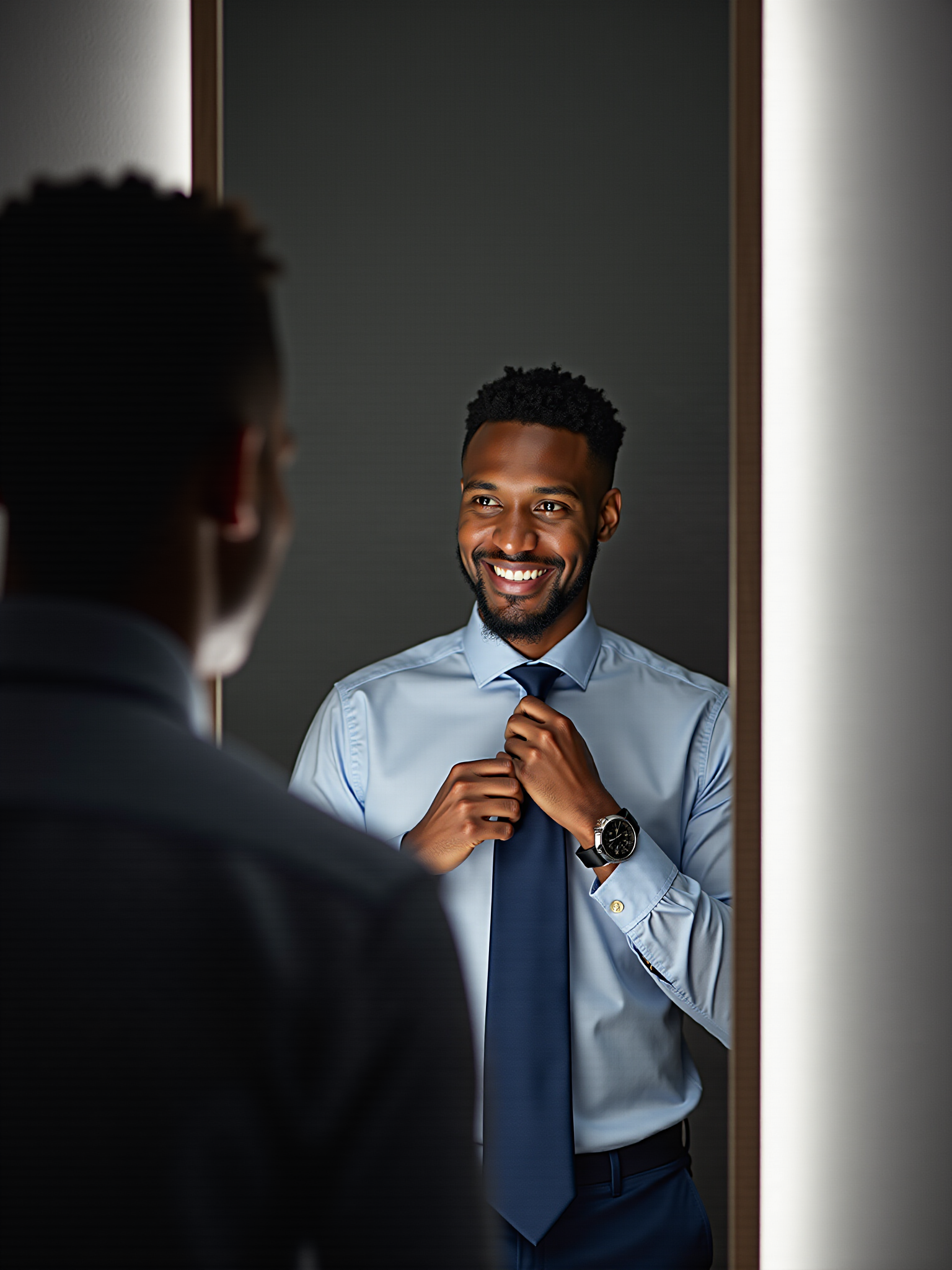 Confident Black man adjusting navy blue tie in front of mirror, wearing light blue dress shirt and luxury watch, showcasing professional style and personal branding.