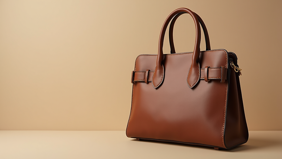 Close-up view of a leather handbag against a neutral background