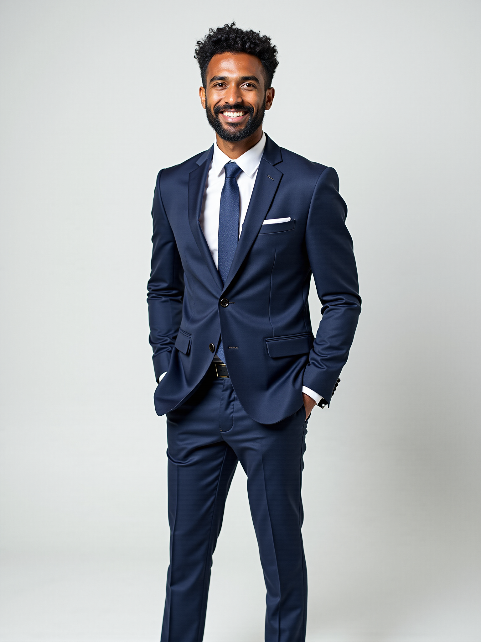 Stylish Black man in tailored navy blue suit with white dress shirt and tie, standing confidently against a light background, exemplifying modern professional menswear and personal branding.