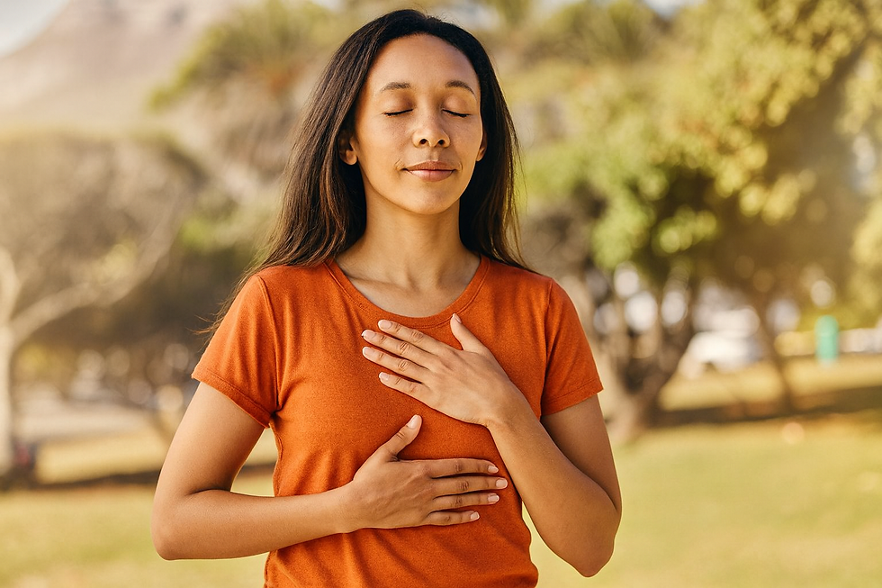 A woman practicing breathwork outdoors to stimulate the vagus nerve.