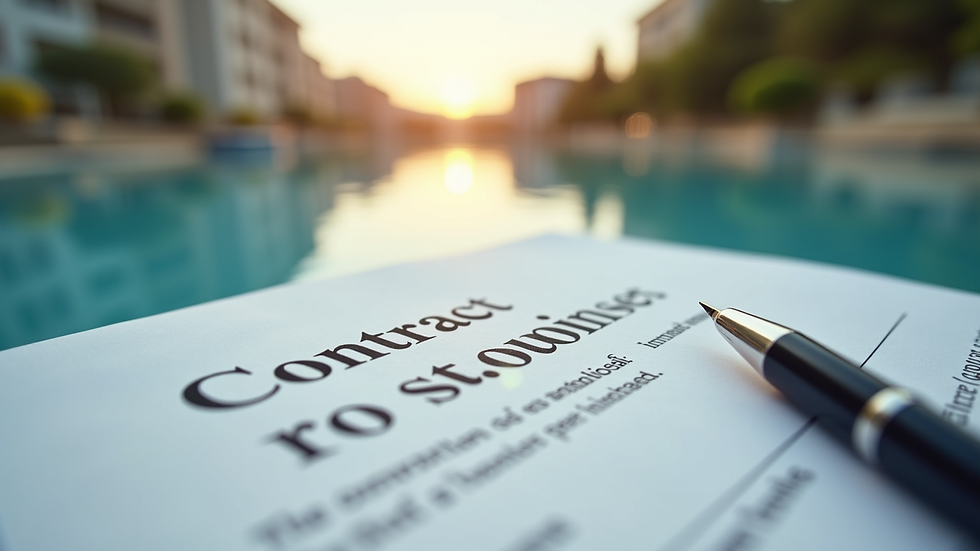 Vue en plongée d'un contrat immobilier signé avec un stylo posé dessus