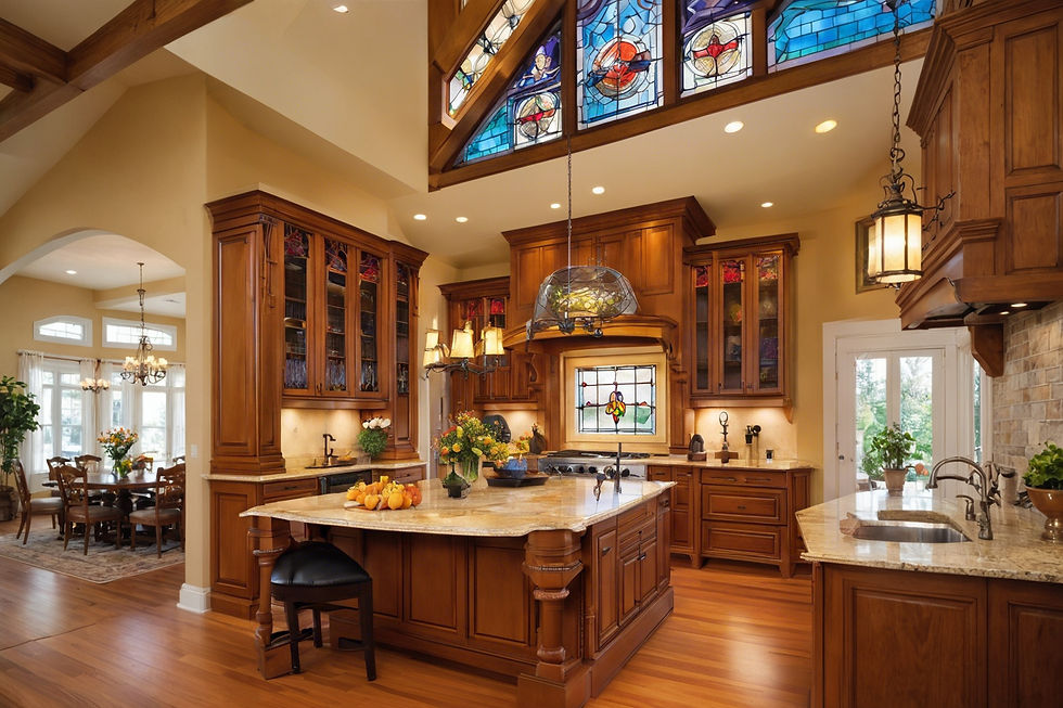 Gourmet kitchen with stained glass windows; a truly unique feature.