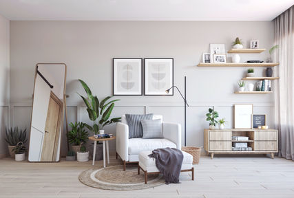 scandinavian, lounger, relaxing home, office, round rug, plant, baner, pune, interior design