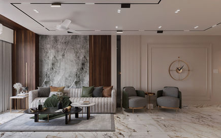 living room, grey marble wall, beige sofa, green accent, black and white nesting table