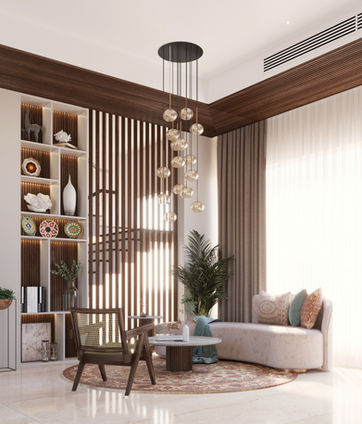 informal seating, bungalow. chandelier, open shelves, traditional interiors