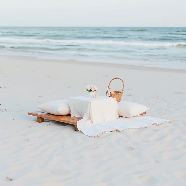 A simple, elegant beach picnic setup on soft sand near the ocean. A low wooden table with