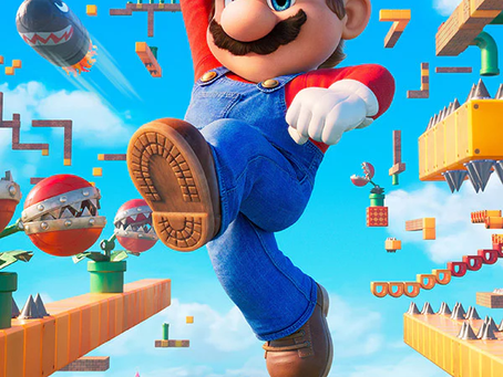 Mario, front-and-center, with the words "The Super Mario Bros Movie," below him. Other characters and items, featured in Super Mario games, make up the background.
