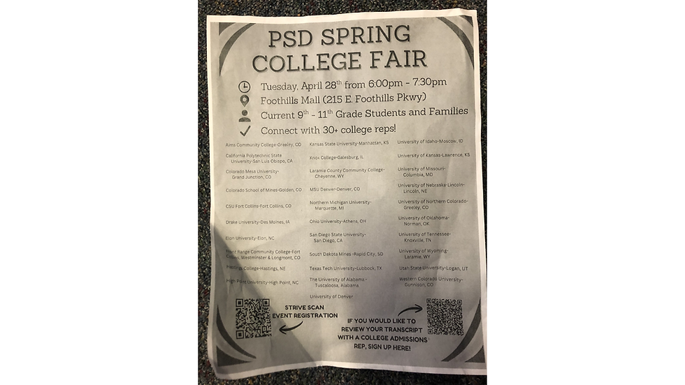 This is a poster, listing the details about the PSD Spring College Fair.