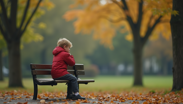 Eye-level view of a child sitting alone on a park bench, looking thoughtful