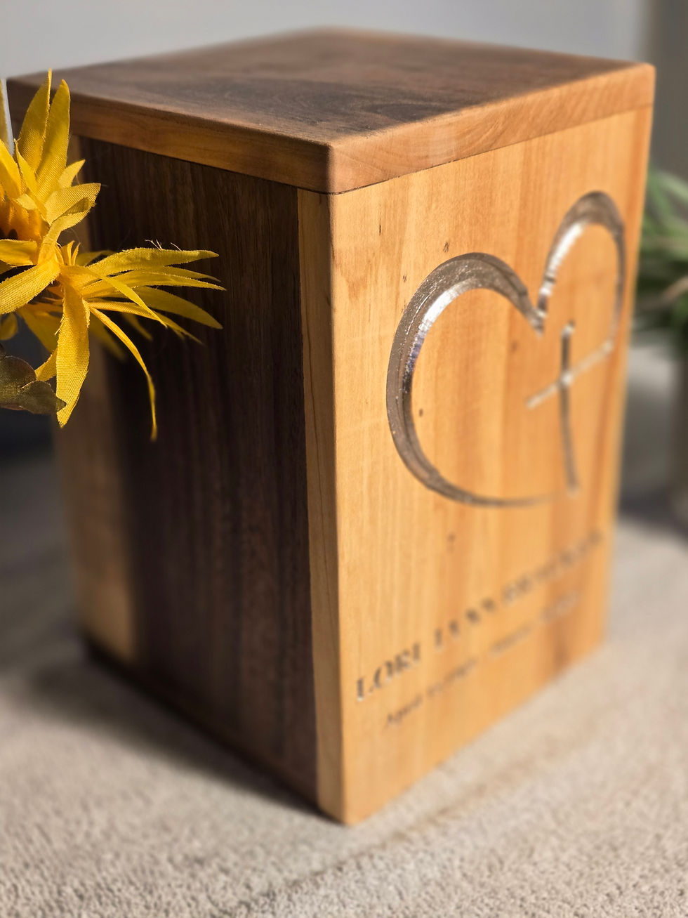Thumbnail: Cremation urn with carved Heart and Cross feature