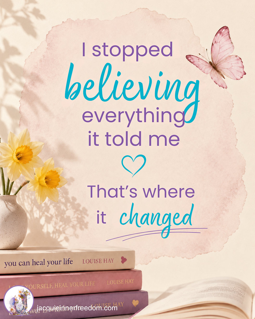 Pastel quote poster with butterfly, daffodils, books, and open book: I stopped believing everything it told me. That’s where it changed.