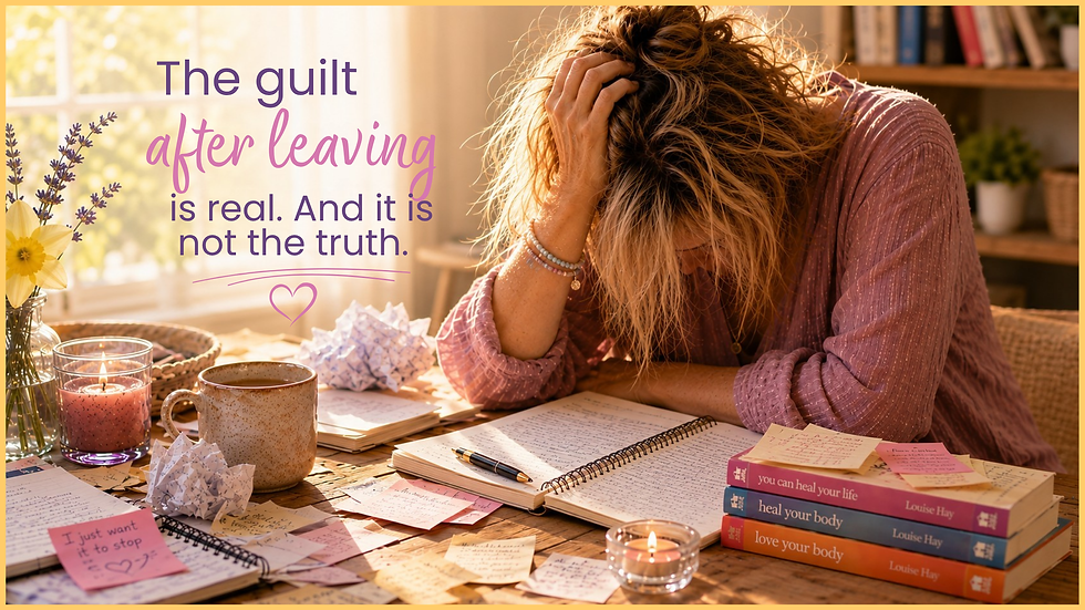 Stressed woman with head in hand at cluttered desk with candles, journals and books; text reads The guilt after leaving is real.