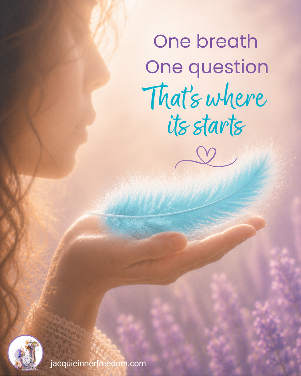 Woman in profile holds a blue feather; text reads One breath One question Thats where it starts on a soft lavender glow.
