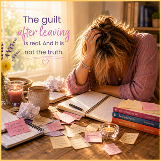 Stressed woman with head in hand at cluttered desk with candles, journals and books; text reads The guilt after leaving is real.