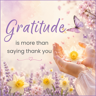 Gratitude is more than saying thank you in purple text beside hands holding a white flower, with butterflies and cherry blossoms.