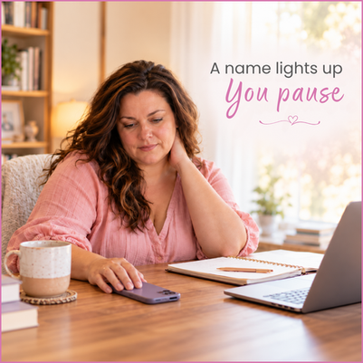 Woman at a desk with laptop and phone, resting her head, beside text A name lights up You pause