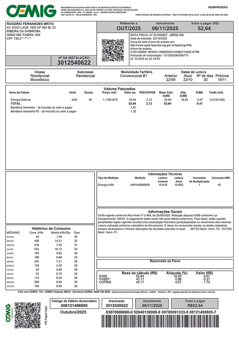 Conta Luz CEMIG Itabira Outubro 2025 - 5