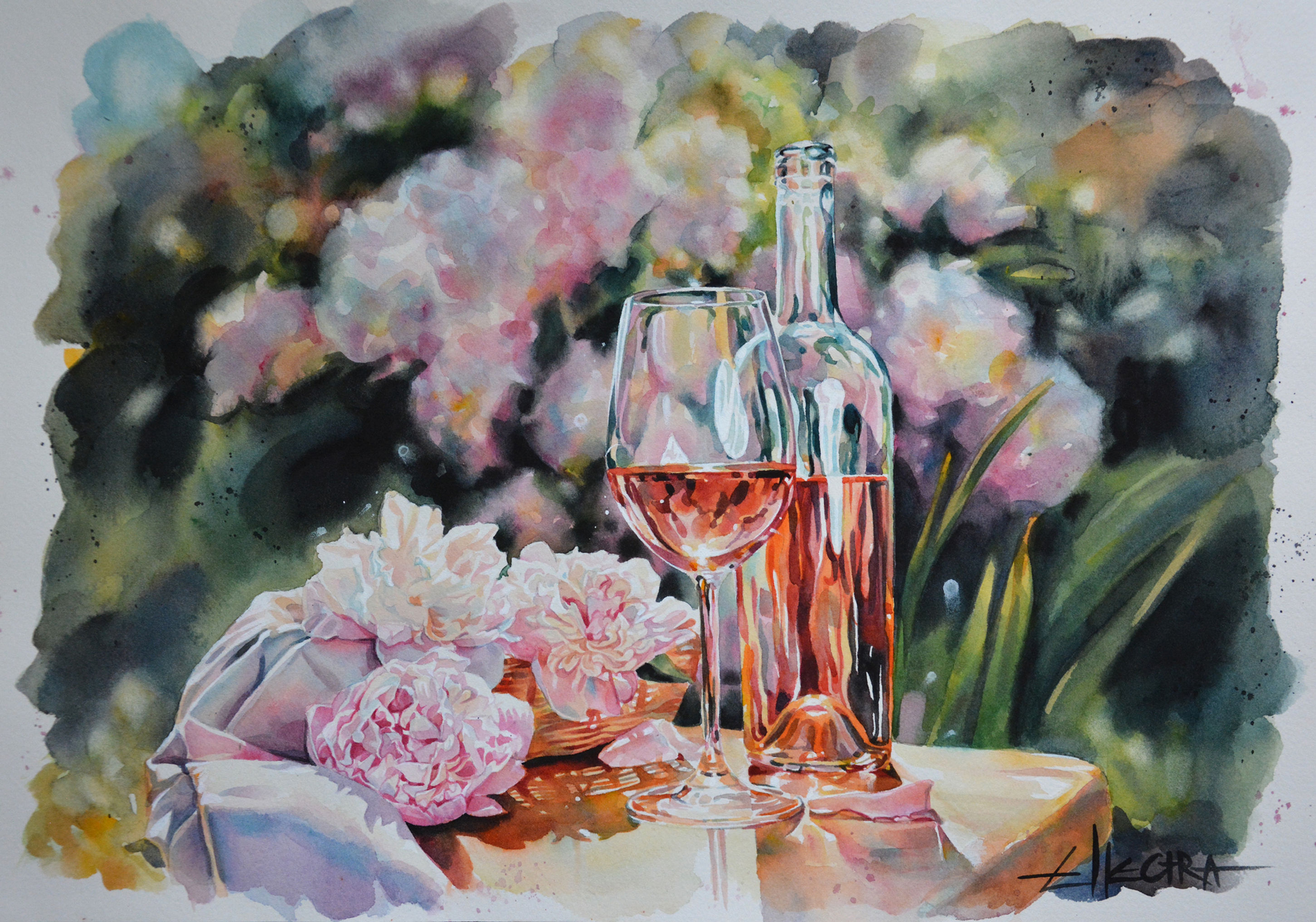 16''x 12'' ORIGINAL WATERCOLOR ARTWORK: WINE AND PEONIES II