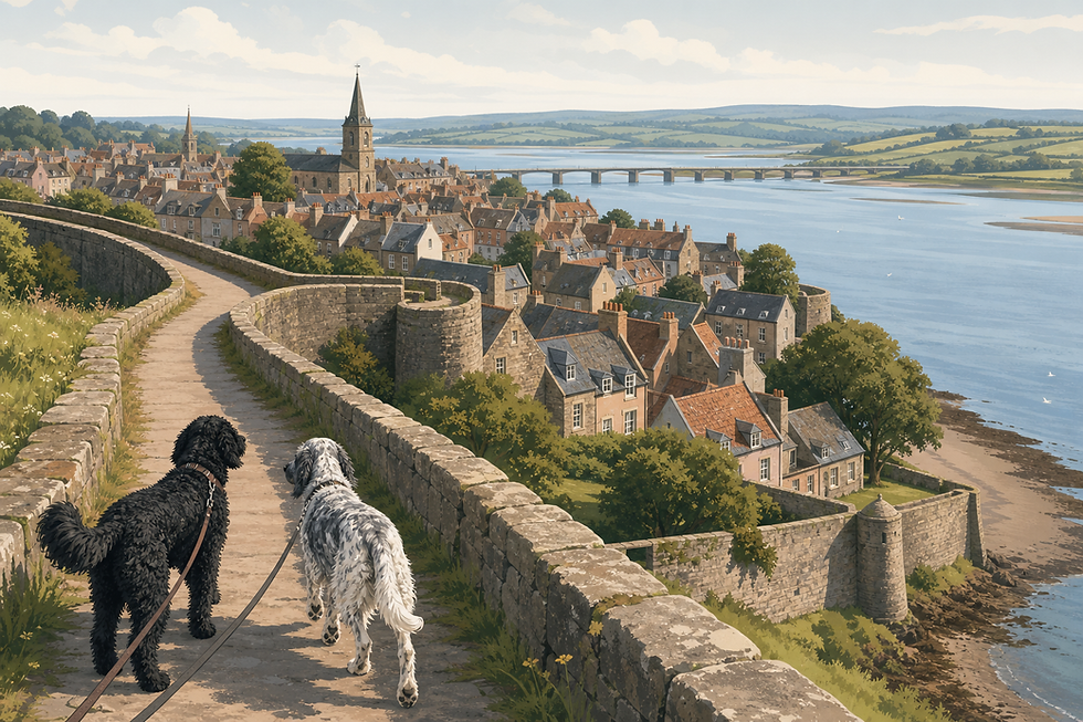 Two dogs on leads walking along the top of historic stone ramparts overlooking a river estuary and town rooftops