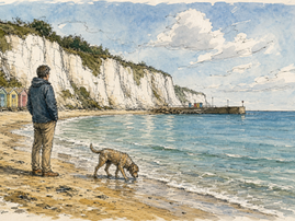 A dog at the shoreline of Viking Bay, Broadstairs, chalk cliffs curving behind and a calm sea ahead