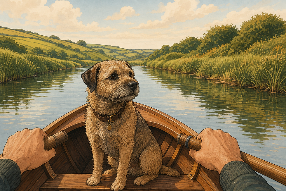 A dog sitting in the bow of a rowing boat on a calm canal, Cornish countryside in the background