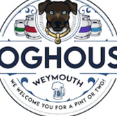 Doghouse Weymouth logo featuring dog with text: We welcome you for a pint or two!