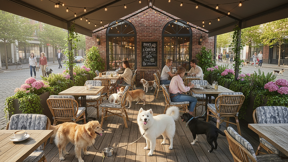 Eye-level view of a dog-friendly café terrace with outdoor seating