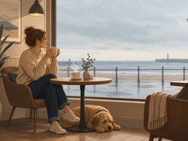 A dog settled under a café table indoors while rain falls outside the window, two coffee cups on the table above