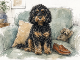 A black and tan cockapoo sits with calm authority, a single shoe placed beside her and a soft toy visible in the background
