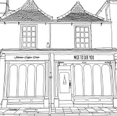 Shopfront drawing with text,
