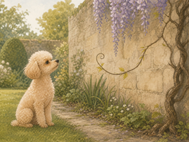 A tiny apricot toy poodle sitting very still, staring with great suspicion at a curling wisteria tendril on a garden wall
